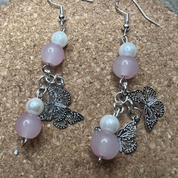 Pink Beaded Butterfly Earrings - Picture 3 of 3
